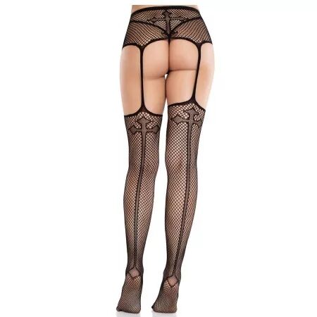 LEG AVENUE - BAS EN DENTELLE AVEC CROIX ET PORTE-JARRETELLES NOIR
