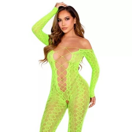 LEG AVENUE - BODYSTOCKING SANS FOURCHE EN DENTELLE SERPENT EXOTIQUE VERT FLUO