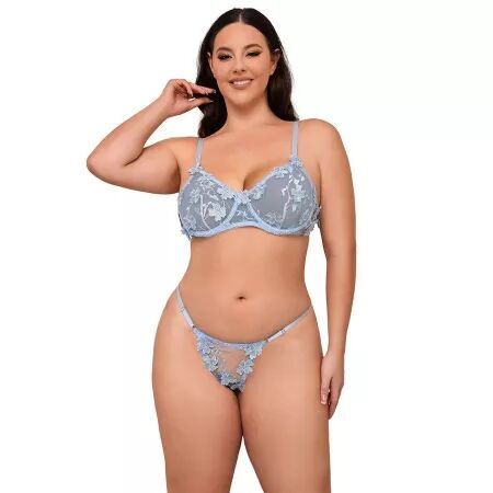 SUBBLIME - 957636 ENSEMBLE SOUTIEN-GORGE ET CULOTTE BRODÉS DE FLEURS BLEU CIEL L/XL
