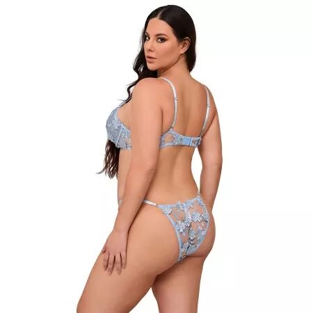 SUBBLIME - 957636 ENSEMBLE SOUTIEN-GORGE ET CULOTTE BRODÉS DE FLEURS BLEU CIEL L/XL