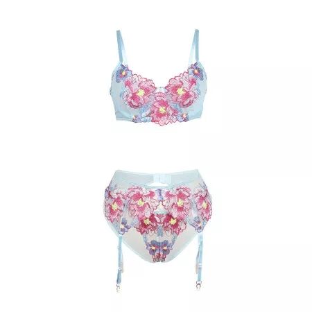 SUBBLIME - 957643 ENSEMBLE SOUTIEN-GORGE ET PORTE-JARRETELLES BRODÉ FLEURS ROSE S/M