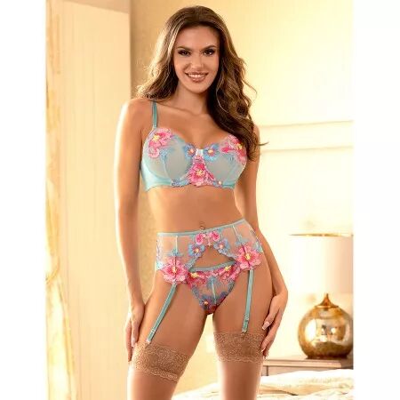 SUBBLIME - 957650 ENSEMBLE SOUTIEN-GORGE ET PORTE-JARRETELLES BRODÉ FLEURS ROSE L/XL