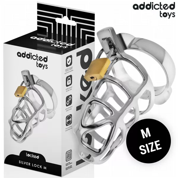 ADDICTED TOYS LOCKED - CAGE � P�NIS EN M�TAL AVEC VERROU ARGENT TAILLE M
