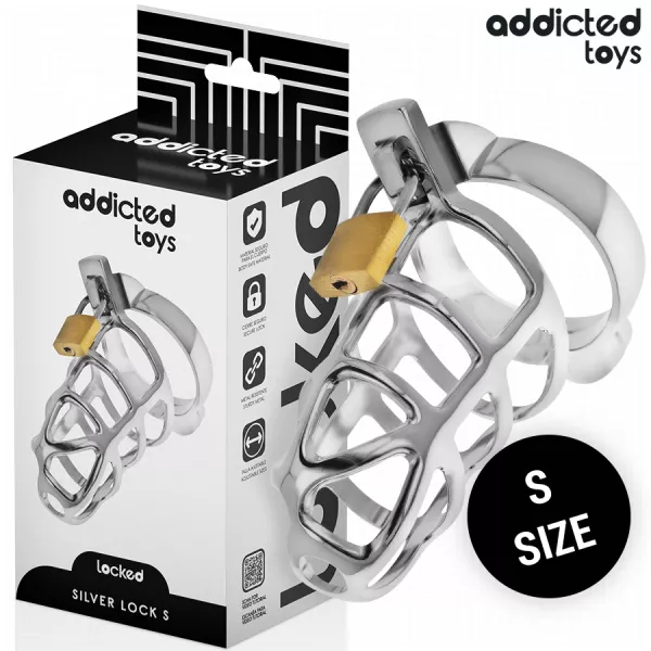 ADDICTED TOYS LOCKED - CAGE � P�NIS EN M�TAL AVEC VERROU ARGENT TAILLE S