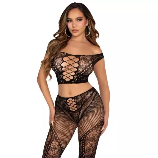 LEG AVENUE - CROP TOP ET LEGGING R�SILLE �PAULES D�NUD�ES NOIR