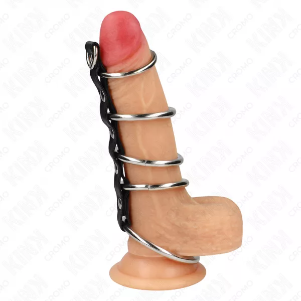 KINK - 5 ANNEAUX P�NIS EN M�TAL DE 3,2 CM � 5 CM CONNECT�S PAR DU CUIR