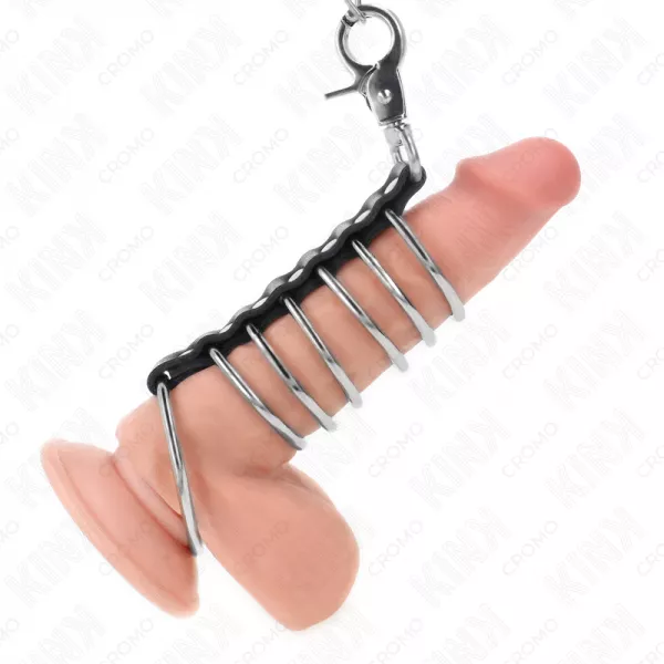 KINK - 7 ANNEAUX P�NIS EN M�TAL DE 3,8 CM � 5 CM CONNECT�S AVEC DU CUIR ET UNE CHA�NE EN M�TAL 100 CM