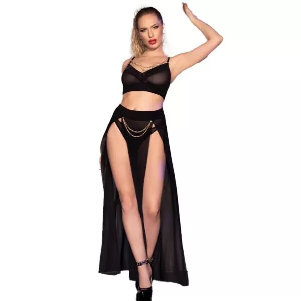 CHILIROSE - CR 4672 JUPE ET STRING NOIRS AVEC CHA�NES DOR�S M