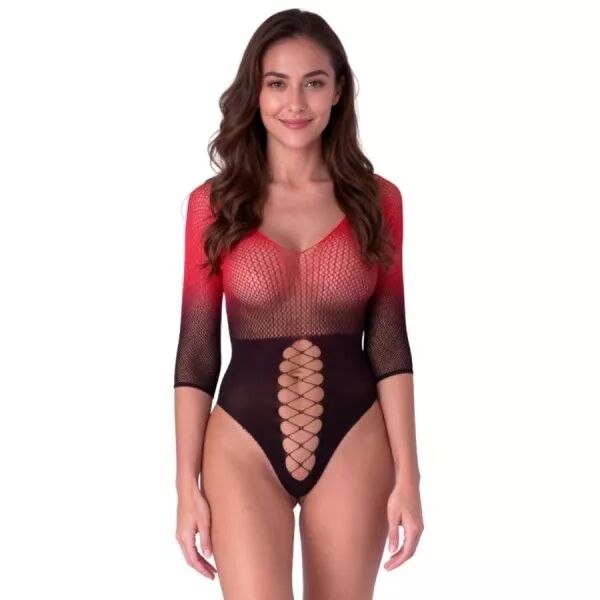 PASSION - BS118 BODYSTOCKING EN MAILLE NOIRE ET ROUGE