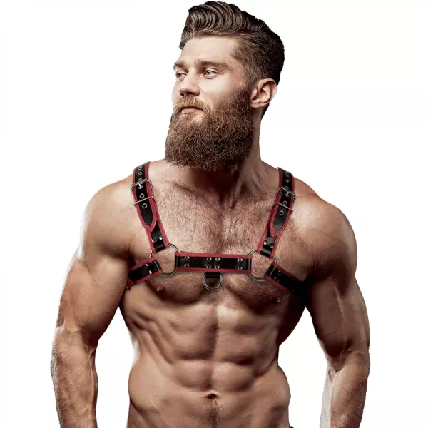 FETISH SUBMISSIVE ATTITUDE - HARNAIS POITRINE EN CUIR �COLOGIQUE POUR HOMMES NOIR/ROUGE