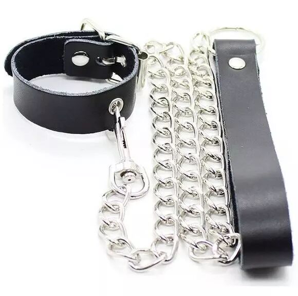 OHMAMA FETISH - COLLIER P�NIS ET BRACELET EN CUIR AVEC CHA�NE M�TALLIQUE