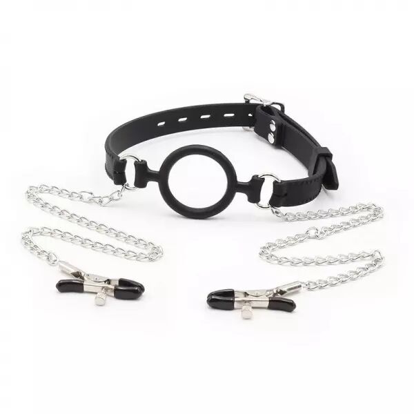 OHMAMA FETISH - RING GAG AVEC CHA�NES ET PINCES � T�L�NOLS