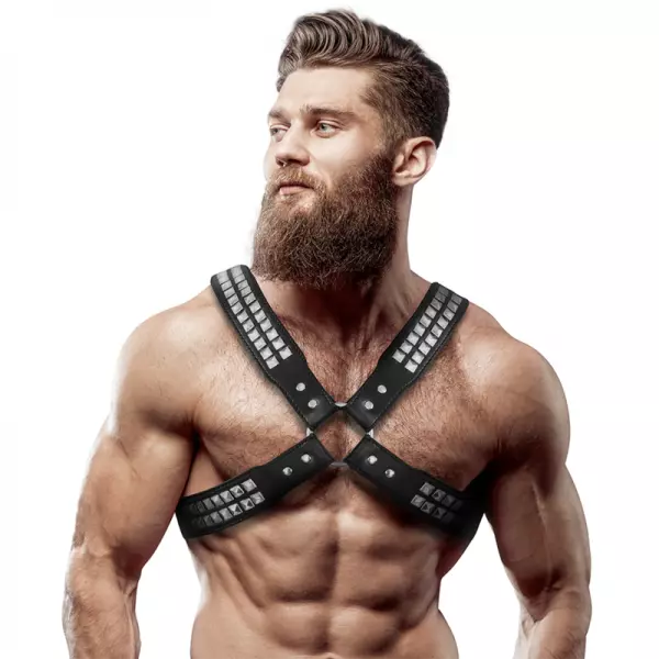 FETISH SUBMISSIVE ATTITUDE - HARNAIS POITRINE CROIS�E EN CUIR �COLOGIQUE POUR HOMMES AVEC RIVETS