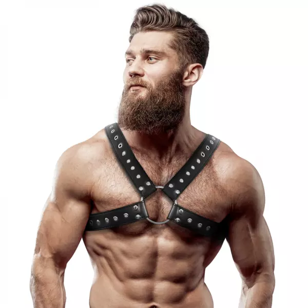 FETISH SUBMISSIVE ATTITUDE - HARNAIS POITRINE CROSS-OVER EN CUIR �COLOGIQUE POUR HOMMES AVEC CLOUS