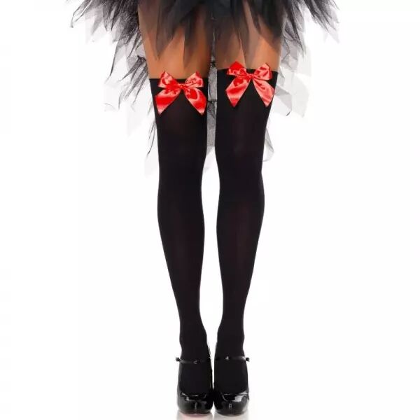 LEG AVENUE - CUISSES HAUTES EN NYLON NOIR AVEC NOEUD ROUGE TAILLE UNIQUE