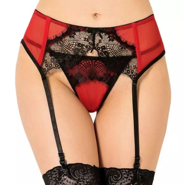 QUEEN LINGERIE - STRING AVEC JARRETI�RE DENTELLE ROUGE S/M