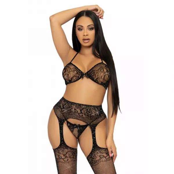 LEG AVENUE - ENSEMBLE TROIS PI�CES SOUTIEN-GORGE, STRING ET BAS TAILLE UNIQUE - NOIR