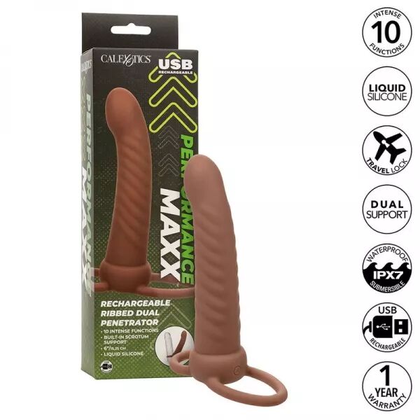 CALEXOTICS - MAXX RIBBED DOUBLE P�N�TRATEUR 10 VIBRATIONS MARRON