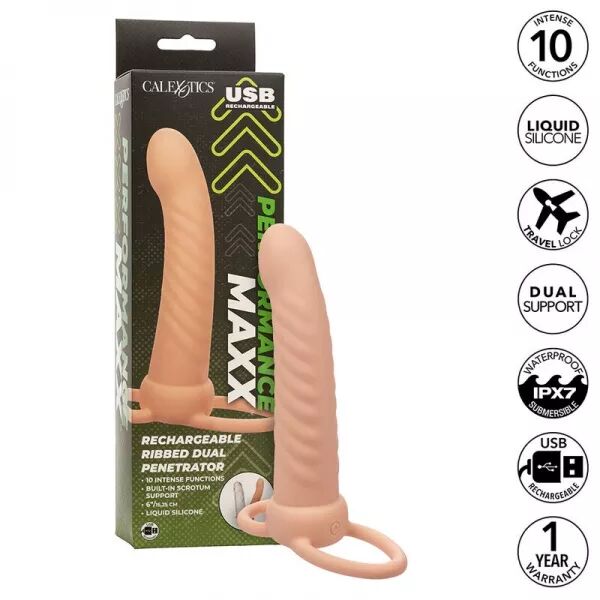 CALEXOTICS - MAXX DOUBLE P�N�TRATEUR NERVUR� 10 VIBRATIONS FLESH