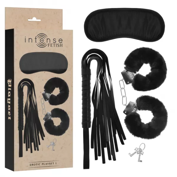 INTENSE - FETISH PLAYSET �ROTIQUE 1 AVEC MENOTTES, MASQUE AVEUGLE ET FLOGGER