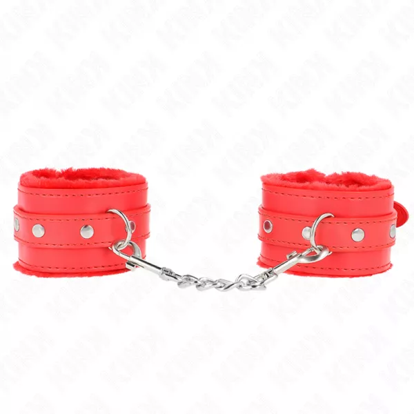 KINK - APPUI-POIGNETS DOUBL�S DE FOURRURE PREMIUM ROUGE AVEC CEINTURE ROUGE R�GLABLE 17-29 CM X 6 CM