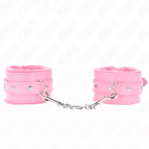 KINK - APPUI-POIGNETS DOUBL�S DE FOURRURE PREMIUM ROSE AVEC CEINTURE ROSE R�GLABLE 17-29 CM X 6 CM