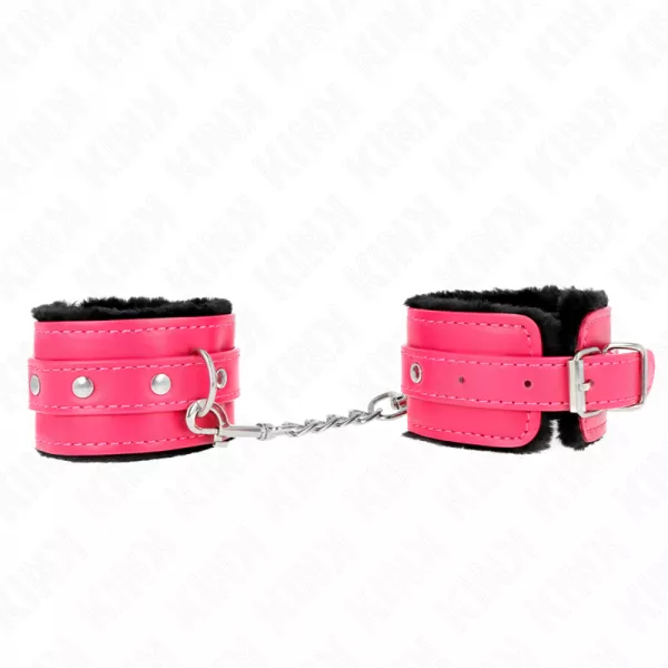 KINK - APPUI-POIGNETS DOUBL�S DE FOURRURE PREMIUM NOIR AVEC CEINTURE ROSE FRAMBOISE AJUSTABLE 17-29 CM X 6 CM
