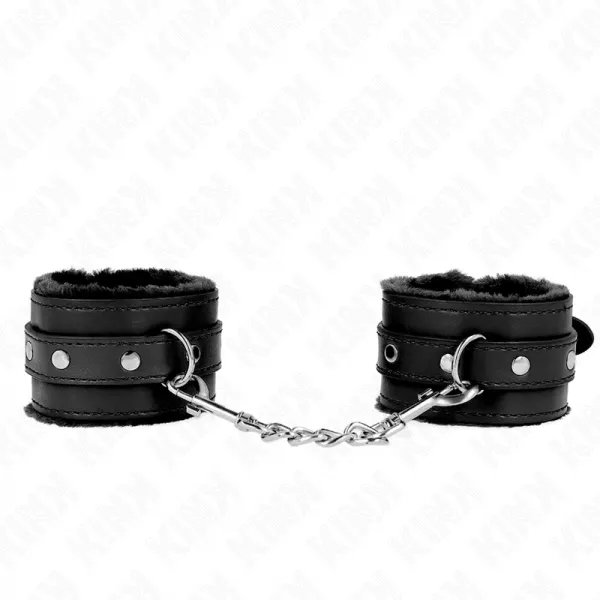 KINK - APPUI-POIGNETS DOUBL�S DE FOURRURE PREMIUM NOIR AVEC CEINTURE NOIRE R�GLABLE 17-29 CM X 6 CM