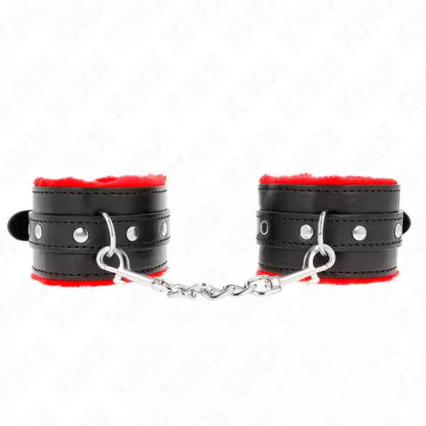 KINK - APPUI-POIGNETS DOUBL�S DE FOURRURE PREMIUM ROUGE AVEC CEINTURE NOIRE R�GLABLE 17-29 CM X 6 CM