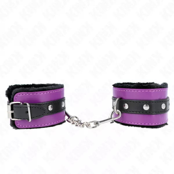 KINK - APPUI-POIGNETS DOUBL�S DE FOURRURE PREMIUM NOIR AVEC CEINTURE VIOLET / NOIRE R�GLABLE 17-29 CM X 6 CM