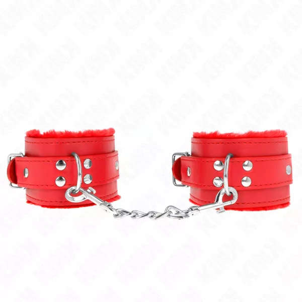 KINK - APPUI-POIGNETS DOUBL�S DE FOURRURE ROUGE AVEC CEINTURE ROUGE R�GLABLE 17-29 CM X 6 CM