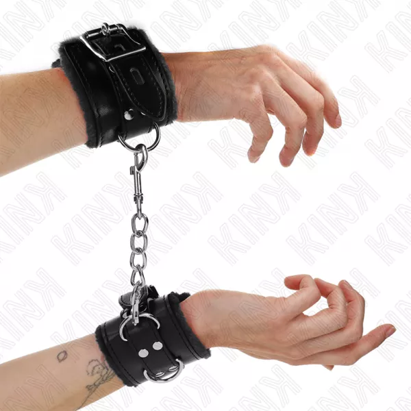 KINK - APPUI-POIGNETS DOUBL�S DE FOURRURE NOIR AVEC CEINTURE NOIRE R�GLABLE 17-29 CM X 6 CM
