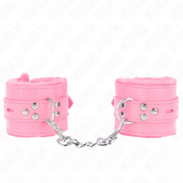 KINK - APPUI-POIGNETS DOUBL�S DE FOURRURE AVEC TROUS CARR�S ROSE ET CEINTURE ROSE R�GLABLE 17-29 CM X 6 CM