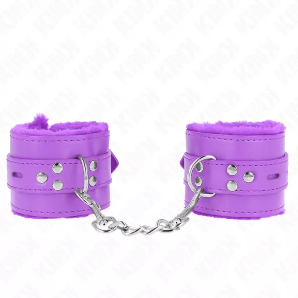 KINK - APPUI-POIGNETS DOUBL�S DE FOURRURE AVEC TROUS CARR�S VIOLET ET CEINTURE VIOLET R�GLABLE 17-29 CM X 6 CM