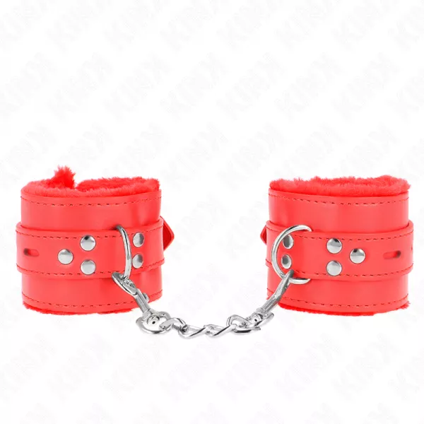KINK - APPUI-POIGNETS DOUBL�S DE FOURRURE AVEC TROUS CARR�S ROUGE ET CEINTURE ROUGE R�GLABLE 17-29 CM X 6 CM