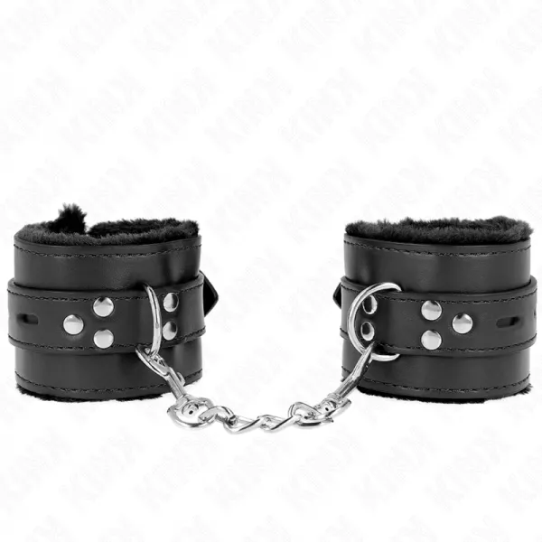 KINK - APPUI-POIGNETS DOUBL�S DE FOURRURE AVEC TROUS CARR�S NOIR ET CEINTURE NOIRE R�GLABLE 17-29 CM X 6 CM
