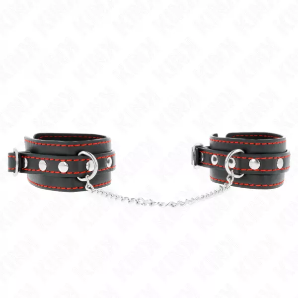 KINK - PETITES RETENUES-POIGNETS NOIRES AVEC DOUBLURE ROUGE R�GLABLE 14-24 CM X 3,5 CM
