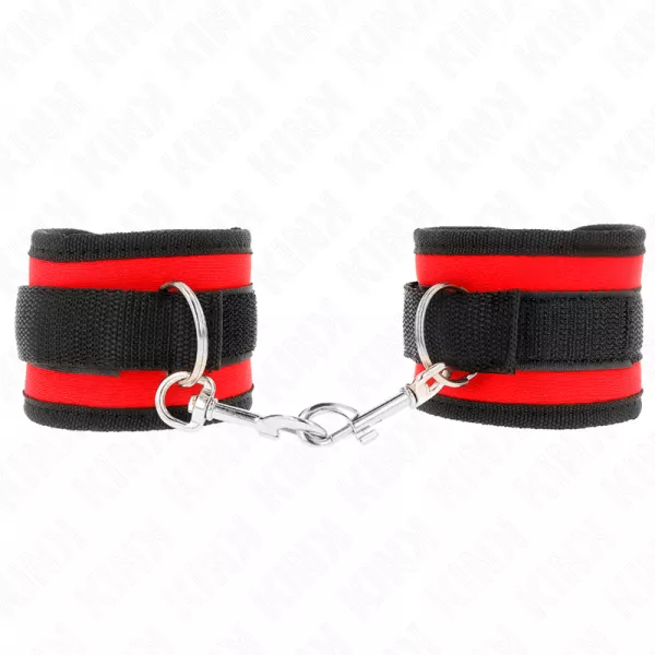 KINK - APPAREILS-POIGNETS � CROCHET ET BOUCLE EN NYLON ROUGE-NOIR MOD�LE 2 R�GLABLE 18-35 CM X 6 CM