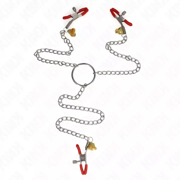 KINK - PINCES � TAMELON ET CLITO BELL TRIPLE ROUGE AVEC CHAINE 30 CM
