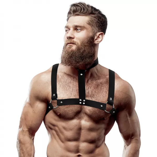 FETISH SUBMISSIVE ATTITUDE - HARNAIS POITRINE AJUSTABLE EN CUIR �COLOGIQUE AVEC COLLIER POUR HOMMES