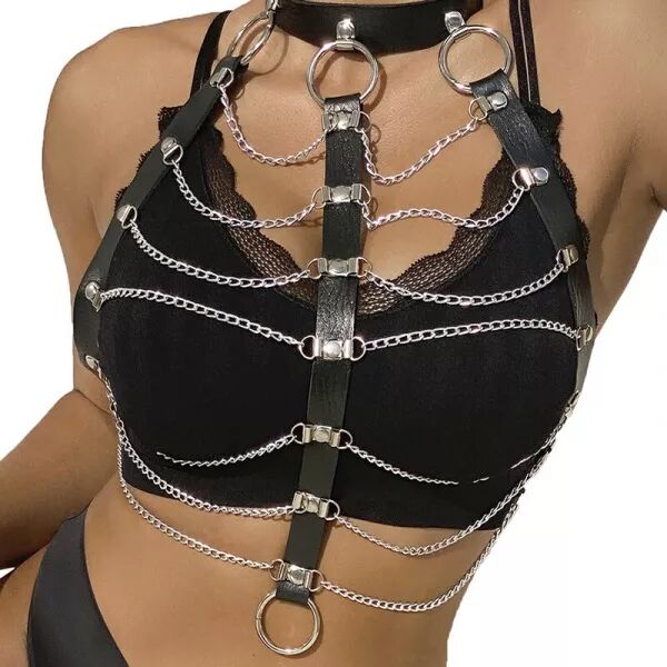 SUBBLIME - HARNAIS POITRINE CHA�NE S EN CUIR NOIR TAILLE UNIQUE