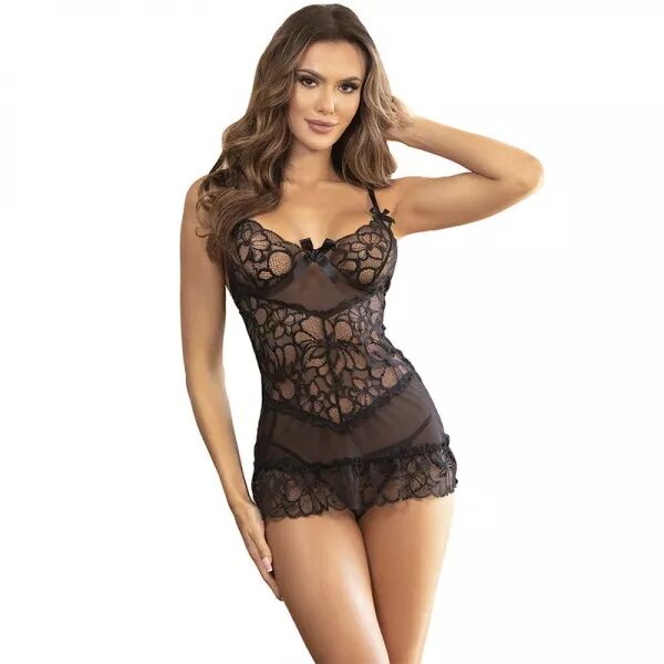 SUBBLIME - BABYDOLL  BRETELLES R�GLABLES ET DENTELLE TRANSPARENTE IMPRIM� FLEURI NOIR L/XL