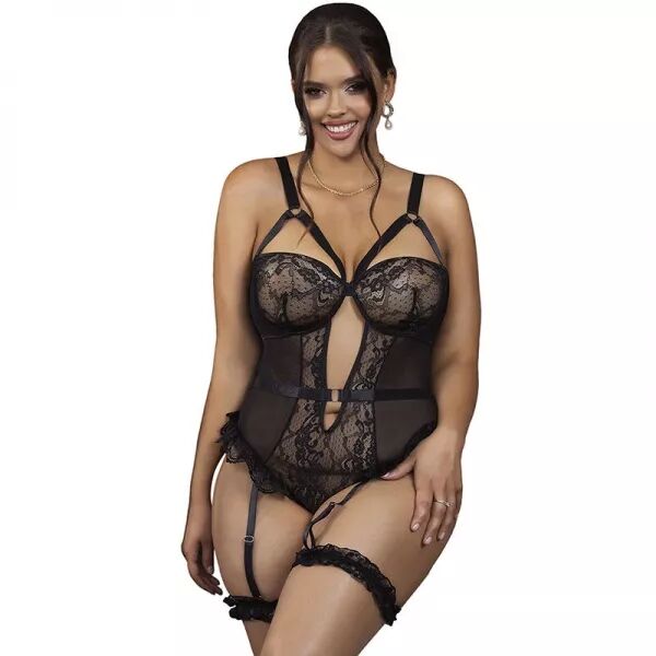 SUBBLIME - TEDDY AVEC JARRETI�RE AVEC D�TAIL DENTELLE ET BANDES NOIR L/XL