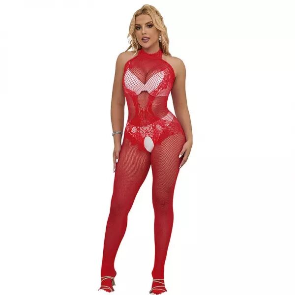 SUBBLIME - 952372 BODYSTOCKING R�SILLE ET DENTELLE SANS FOURRURE COL MONTANT ROUGE TAILLE UNIQUE