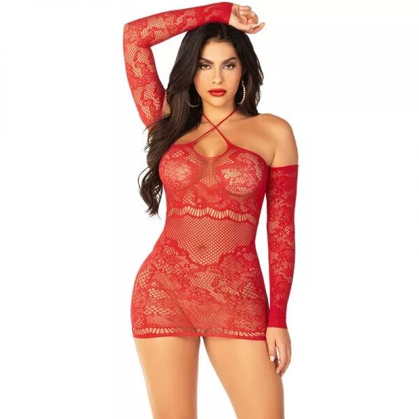 LEG AVENUE - ROBE MINI EN MAILLE � �PAULES D�NUD�ES ET � MANCHES LONGUES ROUGE