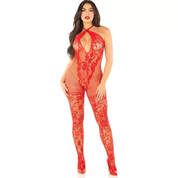 LEG AVENUE - BODYSTOCKING EN MAILLE IMPRIM� FLEURI ROUGE TAILLE UNIQUE