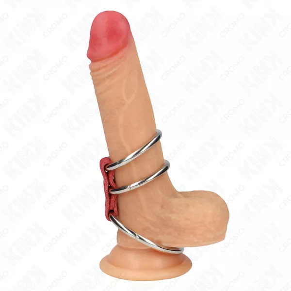 KINK - ANNEAU P�NIS TRIPLE M�TAL 3,7 CM � 5 CM CONNECT� AVEC DU CUIR ROUGE