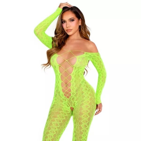 LEG AVENUE - BODYSTOCKING SANS FOURCHE EN DENTELLE SERPENT EXOTIQUE VERT FLUO