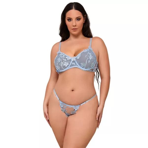 SUBBLIME - 957636 ENSEMBLE SOUTIEN-GORGE ET CULOTTE BROD�S DE FLEURS BLEU CIEL L/XL